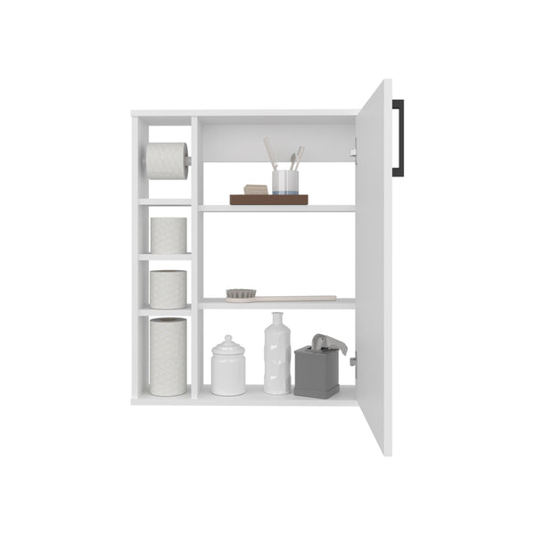 English Elm Meller Wall-Mounted Medicine Cabinet with Door + 3 Open Shelves, Slim Modern White Storage Organizer B200P368106