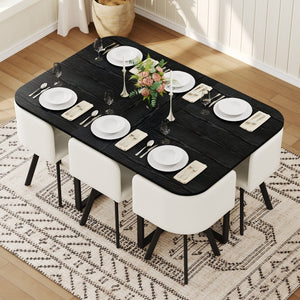 English Elm 7 Piece Modern Dining Set Black Wood Grain Table with Six Faux Leather Chairs W3875S00095