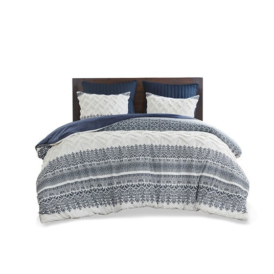 English Elm Full/Queen Mila 3 Piece Cotton Duvet Cover Set with Navy Botanical Print, Chenille Tufting & OEKO-TEX Comfort B035129137