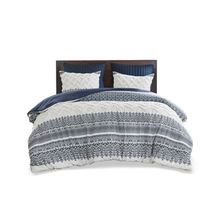 English Elm Full/Queen Mila 3 Piece Cotton Duvet Cover Set with Navy Botanical Print, Chenille Tufting & OEKO-TEX Comfort B035129137