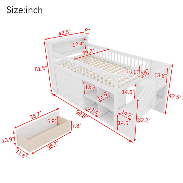 English Elm Twin Loft Bed with Built-In Stairs, Shelves, Hanging Rod & 2 Drawers for Space-Saving Kids Room White 45.87 L x 18.5 W x 10.83 H W2593S00004