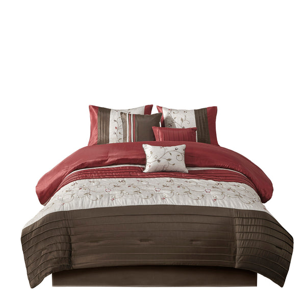 English Elm Embroidered Serene 7-Piece Queen Comforter Set in Red Chocolate Ivory – Shiny Dupioni, Floral Elegance B03596918