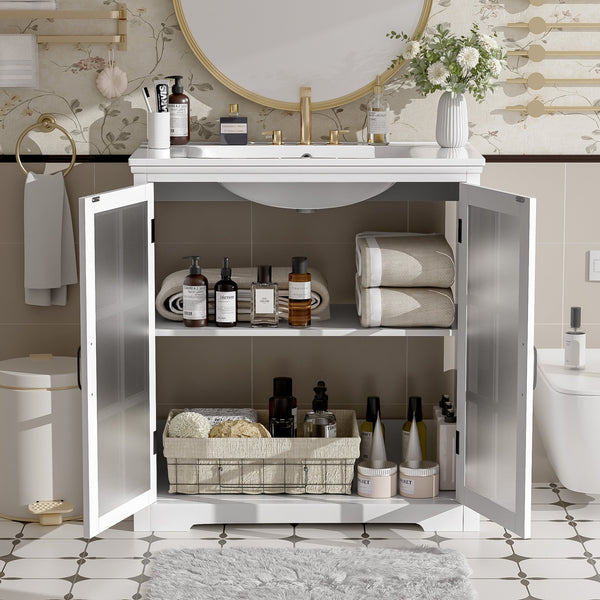 English Elm Christopher Knight Home® - 30" Modern Bathroom Vanity with Ceramic Sink, Tempered Blurred Glass Doors, Rubber Wood Frame Storage White N817P279904W