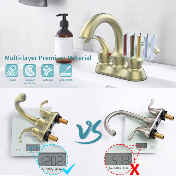 English Elm Bathroom Faucet 2-Handle Brushed Gold Swan Style - Modern Centerset Sink Fixture With Drain & Hoses T3177P277484