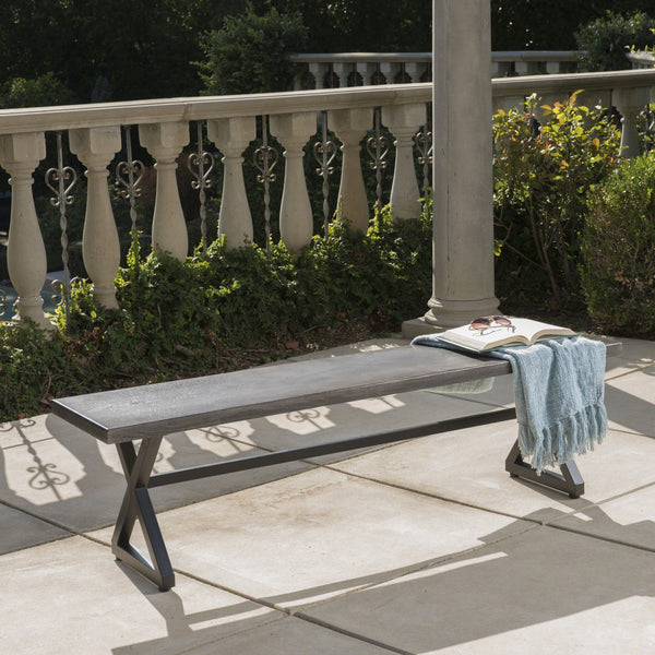 English Elm Christopher Knight Home® - Outdoor Aluminum Dining Bench with Wood‑Like Finish and Black Powder‑Coated Steel X‑Frame, Durable Stylish Seating Grey+Black 61625.00BGRYMP1