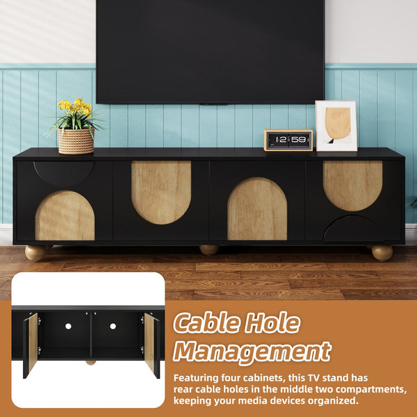 English Elm Farmhouse Arched TV Stand with Cable Management and Rebound Doors, 5 Solid Wood Legs, 75" TV Ready Black N721P288695B
