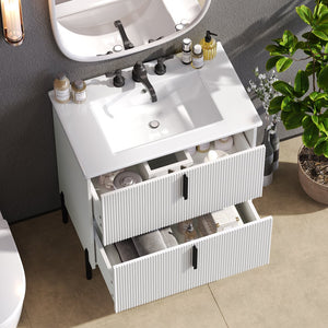 English Elm Christopher Knight Home® - 30" Elegant Bathroom Vanity With Ceramic Sink, Soft-Close Drawers & Fluted Design In Timeless White N817P295761W