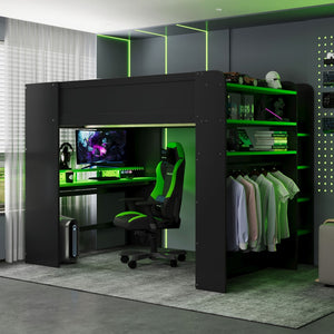 English Elm Full Size Gaming Bunk Bed with Rgb Lighting Integrated Desk Wardrobe and Storage Green LT100266AAG