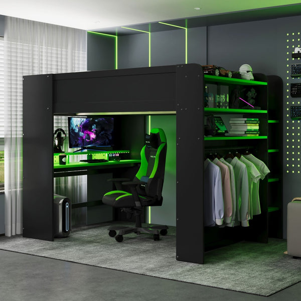 English Elm Full Size Gaming Bunk Bed with Rgb Lighting Integrated Desk Wardrobe and Storage Green LT100266AAG