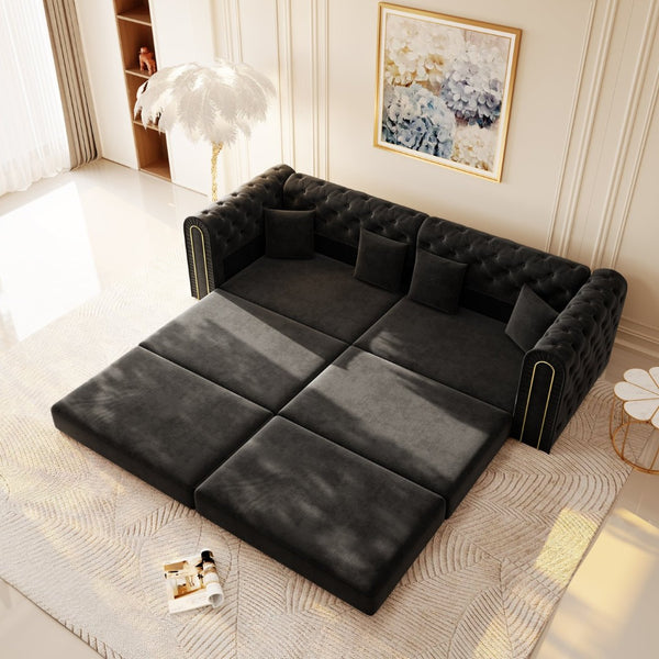 English Elm 90.2" Plush Teddy Fabric Convertible Sleeper Sofa with Hidden Storage for Living Room Black W1885S00243