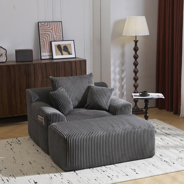 English Elm Oversized corduroy chaise lounge with ottoman, plush boneless sofa, ergonomic pillows for relaxing comfort Grey W1901P278403