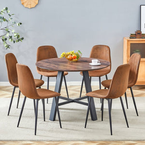 English Elm Table 7-Piece Modern Round Dining Set With 6 Ergonomic Brown Chairs & Black Metal Legs For Style W1151S03752-GIGA