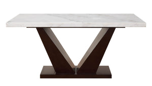 English Elm Forbes White Marble Top Dining Table with 2" Real Marble, Walnut V-Shape Base, Rectangular Leg Design B2726S00377