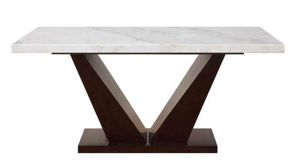 English Elm Forbes White Marble Top Dining Table with 2" Real Marble, Walnut V-Shape Base, Rectangular Leg Design B2726S00377