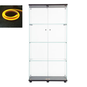 English Elm Led Display Cabinet With 4 Shelves & Security Lock - Elegant Black Glass Showcase With Led Lighting W1510S00012