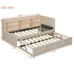 English Elm Twin Upholstered Daybed with Pull-Up Trundle, Velvet High Back with Shelves, Flip Storage & USB Beige SF000194AAA