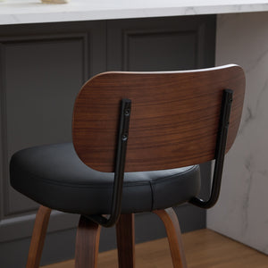 English Elm Swivel Mid Century Counter Stools Set of 2 with 360° Swivel, Walnut Bentwood Back and PU Seat Black W1143P300155