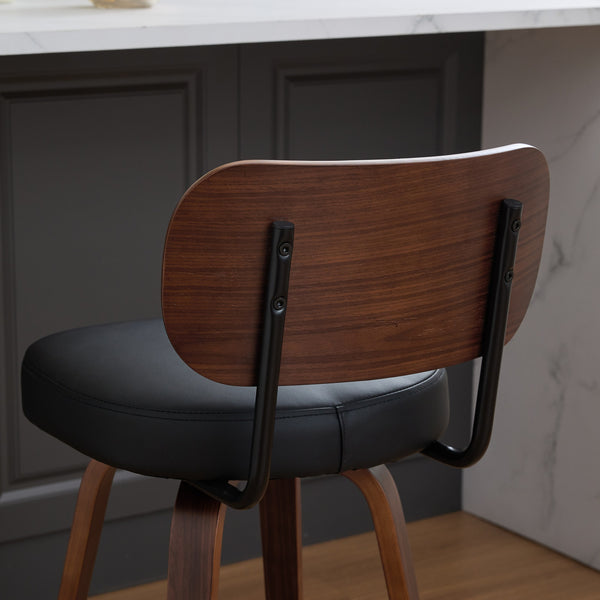 English Elm Swivel Mid Century Counter Stools Set of 2 with 360° Swivel, Walnut Bentwood Back and PU Seat Black W1143P300155