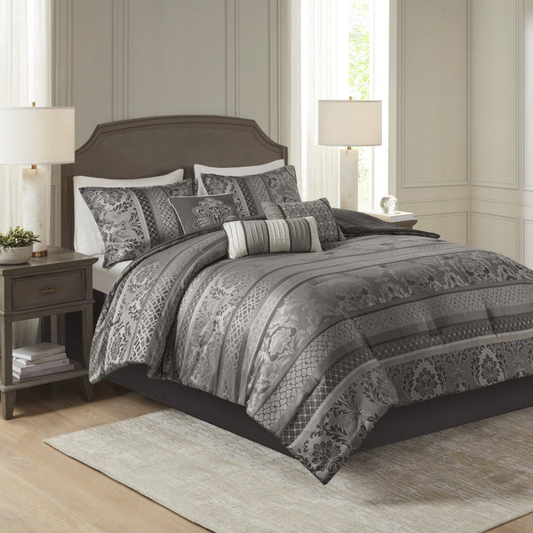 English Elm 7 Bellagio Jacquard Comforter Set Queen with Luxe Leaf, Ironwork Motifs, Pleated Embroidered Pillows & Bedskirt Grey 23.62 L x 18.5 W x 13.78 H B03597023