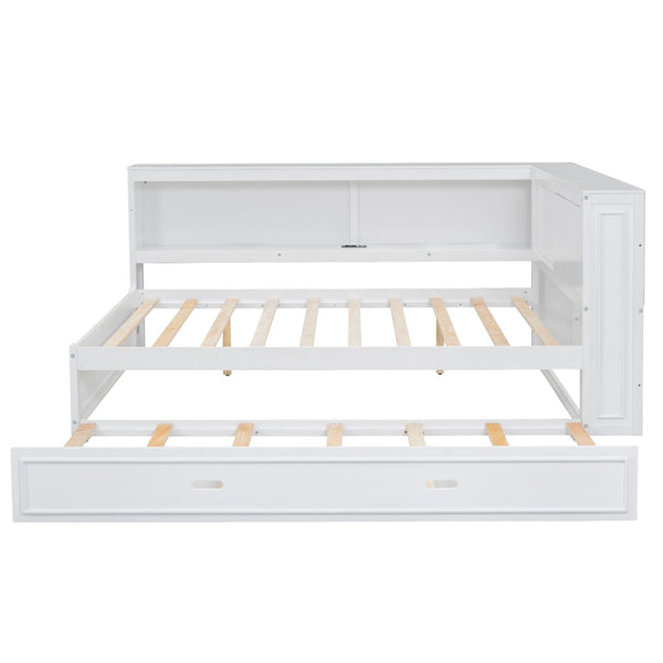 English Elm Full Pine Daybed with Trundle Sliding Storage Shelves Led Lighting and Usb Charging White GX004003AAK