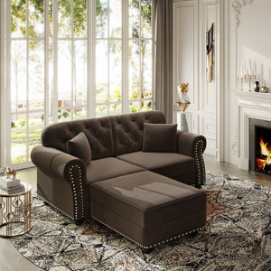 English Elm 63"upholstered Velvet Loveseat with Button Tufting Brass Nailhead Trim Mid-century Chesterfield Brown W1885S00377
