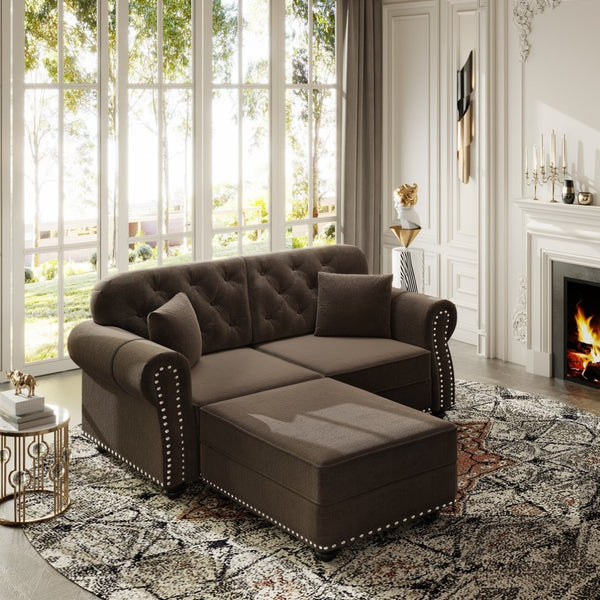 English Elm 63"upholstered Velvet Loveseat with Tufted Back Nailhead Arms Chesterfield Living Room Brown W1885S00380