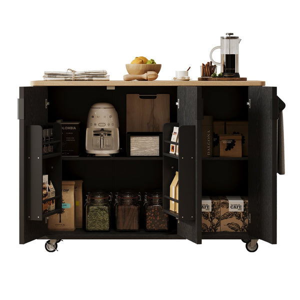 English Elm K&K 51" Fluted Kitchen Island with Waveform Panels, Drop Leaf, Rolling Cart with Towel Rack and Storage Black N707P221446B
