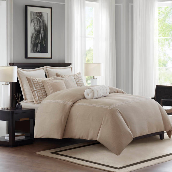 English Elm 9-piece King Bedding Set Velvet Slub Fabric Embroidered Comforter with Euro Shams Taupe B035P482954