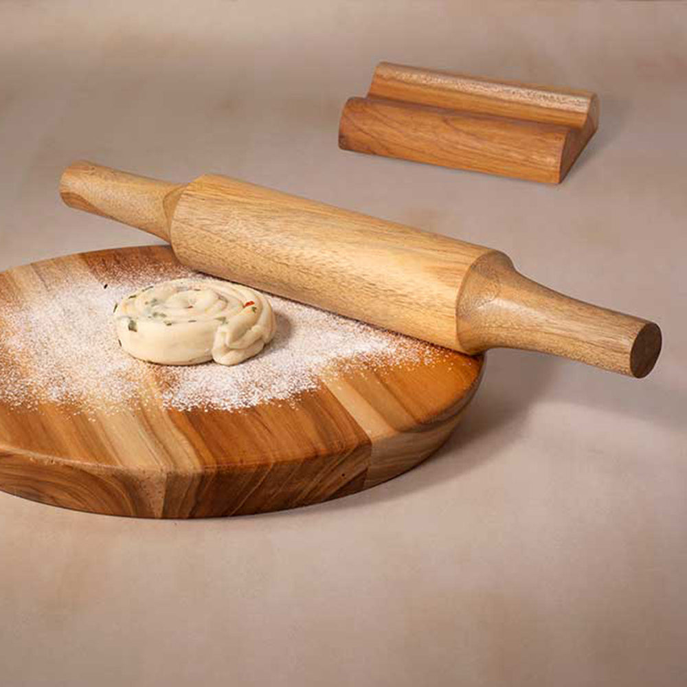 English Elm Teak Teak Wood Chakla Belan Set with Stand - 3-Piece Traditional Rolling Board & Rolling Pin, Durable Craftsmanship, Perfect Gift B346P327392