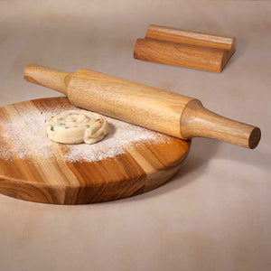 English Elm Teak Teak Wood Chakla Belan Set with Stand - 3-Piece Traditional Rolling Board & Rolling Pin, Durable Craftsmanship, Perfect Gift B346P327392