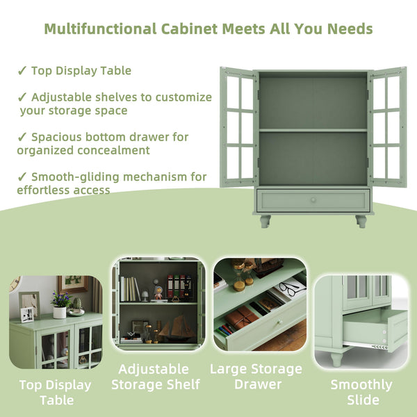 English Elm Minimalism Mint Green Buffet Cabinet with Tempered Glass Doors, Solid Wood Legs, Adjustable Shelves & Drawer (Classic Vintage) W2557P262926