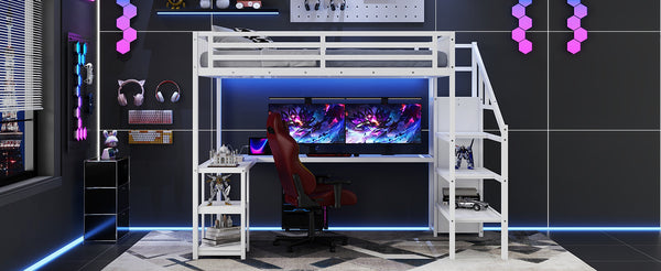 English Elm Metal Queen Loft Bed with Wardrobe, LED Light, L-Shaped Desk and USB Ports for Space-Saving Rooms White 65.75 L x 17.52 W x 6.3 H W2593S00039