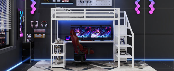 English Elm Metal Queen Loft Bed with L Shaped Desk Wardrobe Led Lighting and Usb for Teens W2593S00044