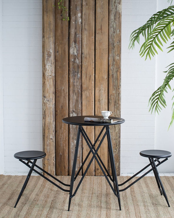 English Elm 60.83x24x32.3" Black Stowable Side Table and Two Seats – Industrial Folding Trio for Space-Saving Decor & Display W2078P282279