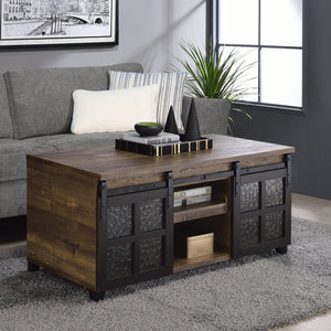 English Elm Rustic Oak and Black Coffee Table with Glass Sliding Barn Doors, Hidden Storage Compartments, 47.5" wide B062P181396
