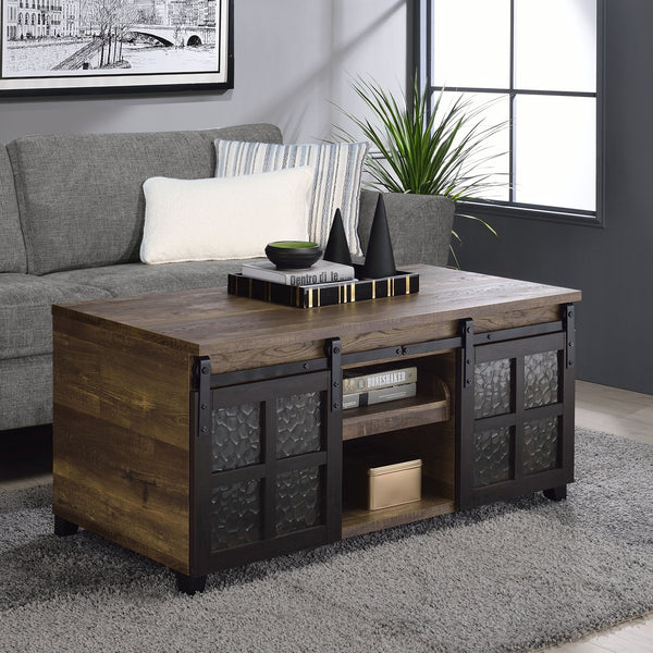English Elm Rustic Oak and Black Coffee Table with Glass Sliding Barn Doors, Hidden Storage Compartments, 47.5" wide B062P181396