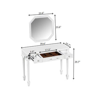 English Elm Retro Octagonal Mirror Vanity Desk with Velvet Jewelry Tray, 3 Carved Drawers, Elegant White Console Table (43.6") N844P292482A