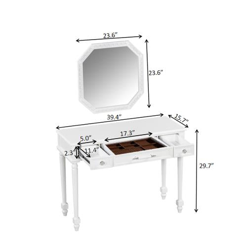English Elm Retro Octagonal Mirror Vanity Desk with Velvet Jewelry Tray, 3 Carved Drawers, Elegant White Console Table (43.6") N844P292482A