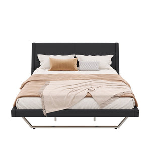 English Elm Queen Pu Leather Platform Bed Sculptural Wave Base Floating Silhouette Modern Bedroom Black N761S0000032B