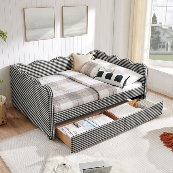 English Elm Full Size Gingham Linen Daybed with Wave Backrest Trundle and Usb Charging Port Black W1413S00154
