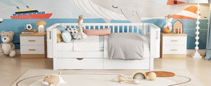 English Elm Twin Solid Wood Platform Bed with Guardrail for Kids, Low-Profile Sturdy Pine Frame, Safe Sleep Solution White 69.69 L x 18.5 W x 7.68 H W2593P331678