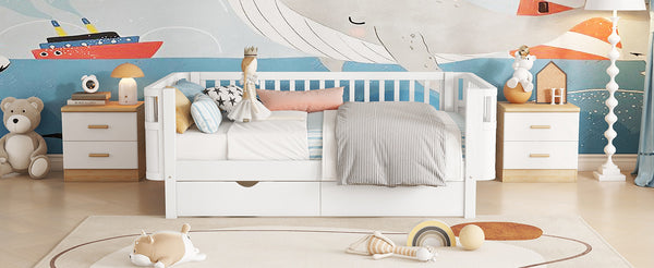 English Elm Twin Solid Wood Platform Bed with Guardrail for Kids, Low-Profile Sturdy Pine Frame, Safe Sleep Solution White 69.69 L x 18.5 W x 7.68 H W2593P331678