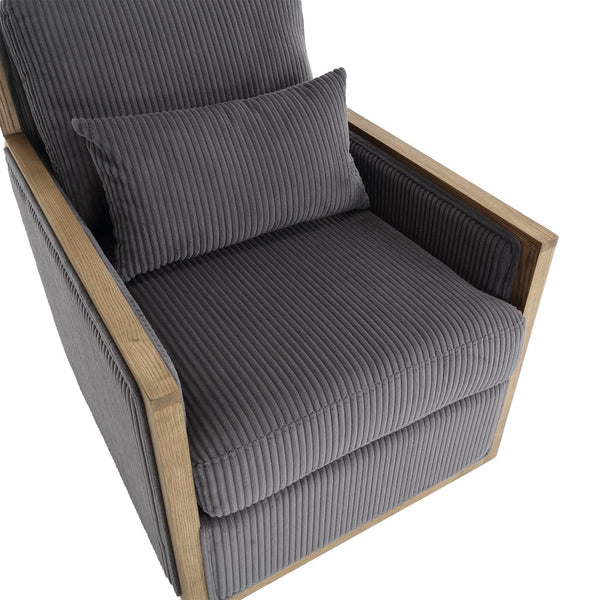 English Elm Corduroy Swivel Barrel Chair with Removable Cushion 360° Metal Base Sturdy Hardwood Frame Cozy Lounge Seat Dark Gray W395P209395