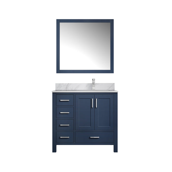 English Elm Navy 36 in. Bath Vanity with Right Offset Carrara Marble Top, Chrome Faucet, 34” Mirror, Durable Surface B2731S01269