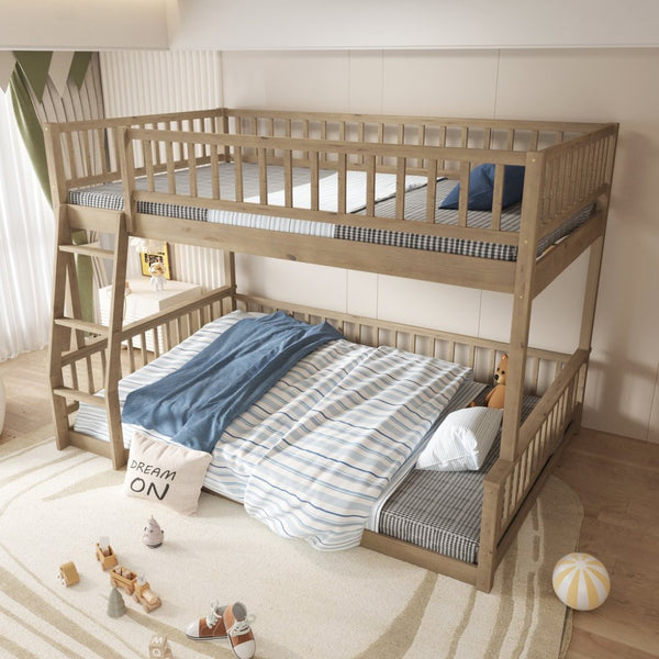 English Elm Full Xl Over Queen Bunk Bed Pine Frame with Guardrails Ladder and Slat Support Walnut GX000450AAD