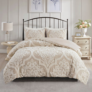 English Elm 3 Piece Tufted Cotton Chenille Damask Comforter Set Full/Queen - Shabby Chic Oeko-Tex Soft Durable taupe 24.02 L x 19.29 W x 10.63 H B03597173