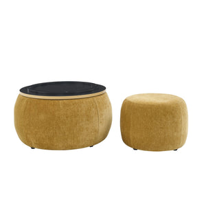 English Elm Round Storage Ottoman with Removable Top and Hidden Compartment, Eucalyptus Frame, 250lb Capacity Dark yellow W487P165700