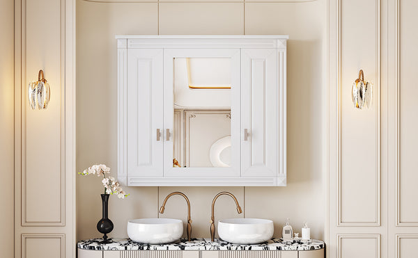 English Elm Bathroom Wall Cabinet with Mirror and 5 Shelves — Wall-Mounted Medicine Cabinet, Modern Storage Solution White N710P252503K