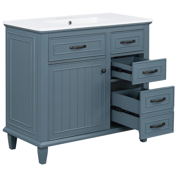 English Elm 36 Inch Bathroom Vanity With Ceramic Sink, Adjustable Shelf, Stylish Storage, Modern Blue Finish N725P336554C
