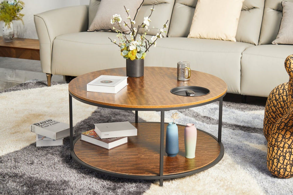 English Elm Round Coffee Table Antique Wood Finish Two Tier Open Shelf Modern Living Room Black Brown W1911P371570